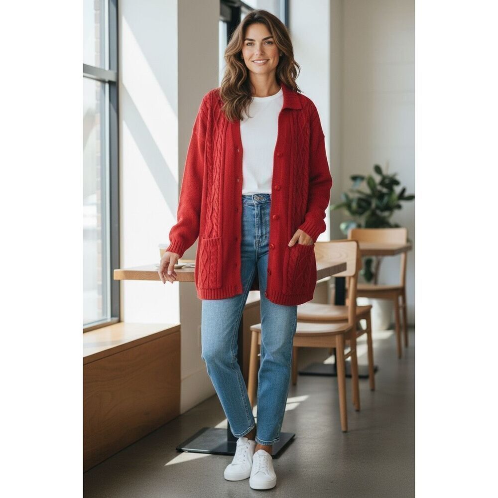 Tulchan Wms Sz XL Red Chunky Knitted Pure Cotton Button Down Cardigan